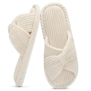 KIDMI Women's Fuzzy Slippers House Slippers for Women Corduroy Cross Bow Indoor Slippers Open Toe Slip On Bedroom Shoes with Memory Foam Footwear Summervibes