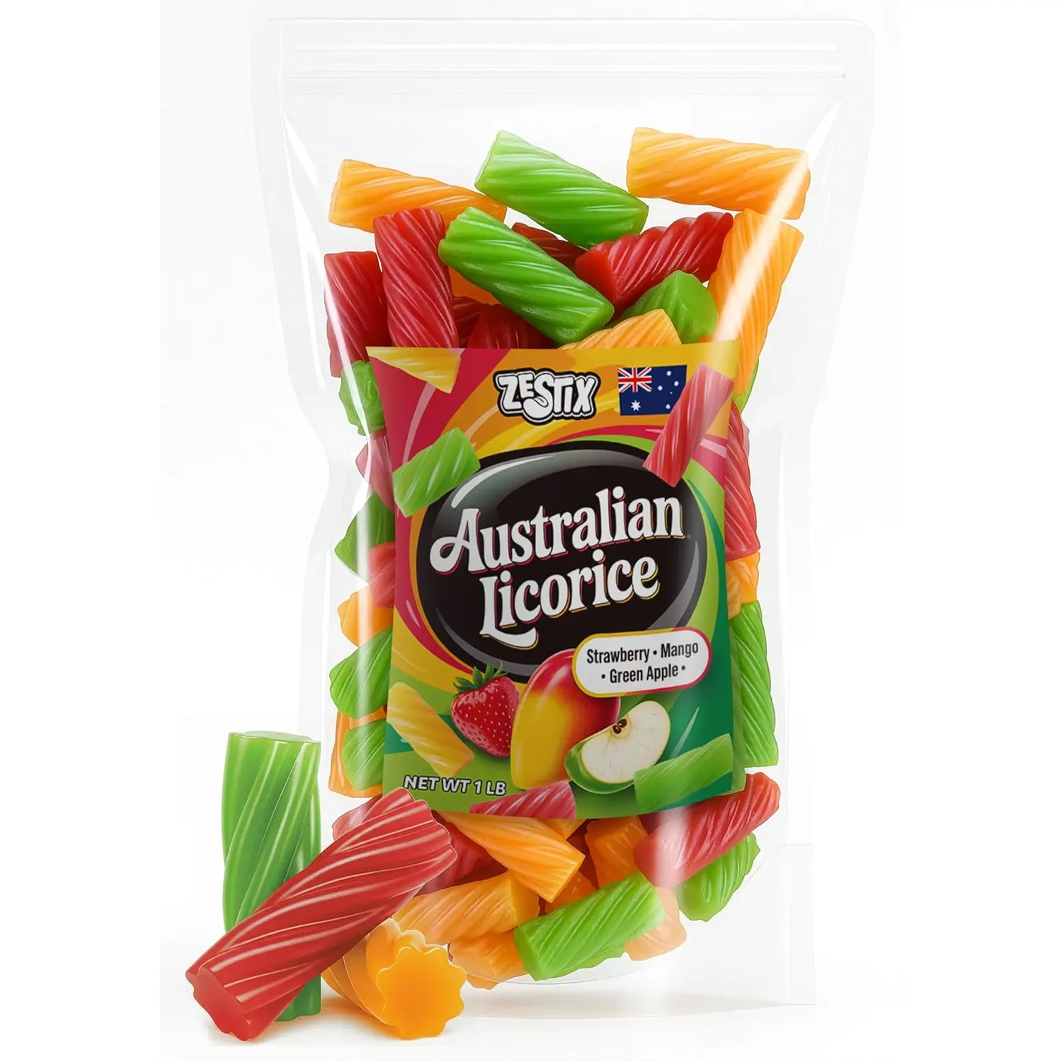 Australian Licorice Candy – 1 lb Soft Gourmet Licorice Mix – Green Apple, Mango & Strawberry Flavors – Chewy Fruit Licorice Bulk Candy for Parties & Snacks