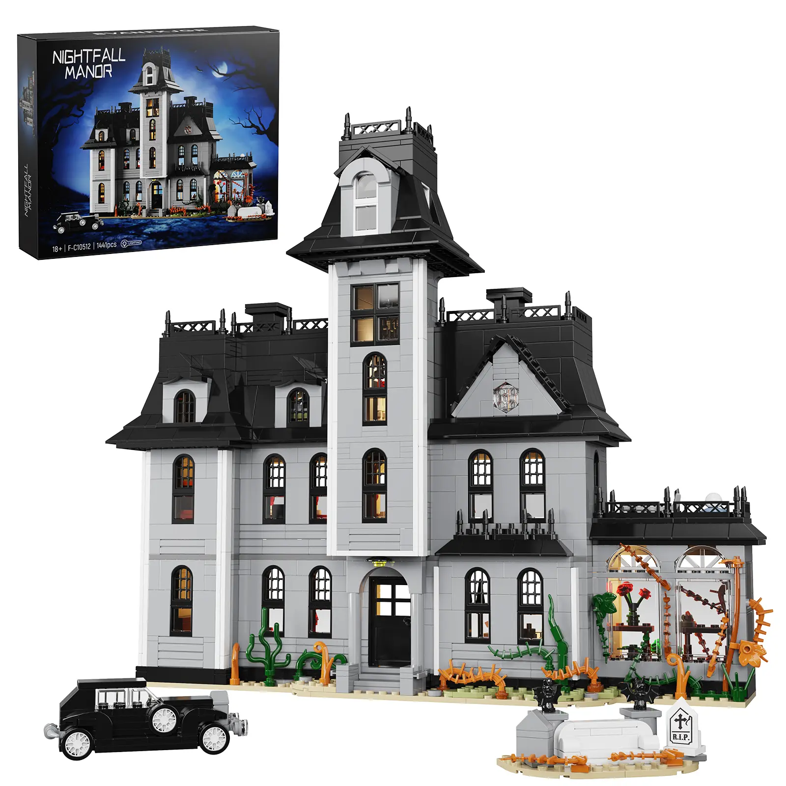 Addam Nightfall Manor Family Mansion Horror House Building Set, Dark Comedy Movie House Blocks Toy Kit Compatible with Lego, Gift and Collectible Set for Movie Fans and Collectors