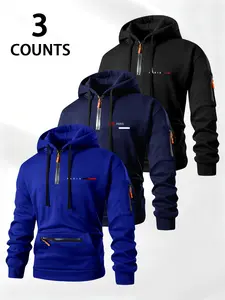 Men's 3-Piece Set Fashion Casual Knit Loose Fit Long Sleeve Hoodie, Half-Zip Drawstring Multi-Pocket, Fall & Winter Clothing