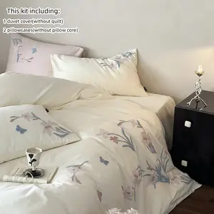 3pcs Elegant Embroidered Orchid Bed Linen Set, Breathable Duvet Set, Bedding Set, Includes Soft Comforter and Pillow Covers, and Breathable for All Seasons, Bed Sets Supplies