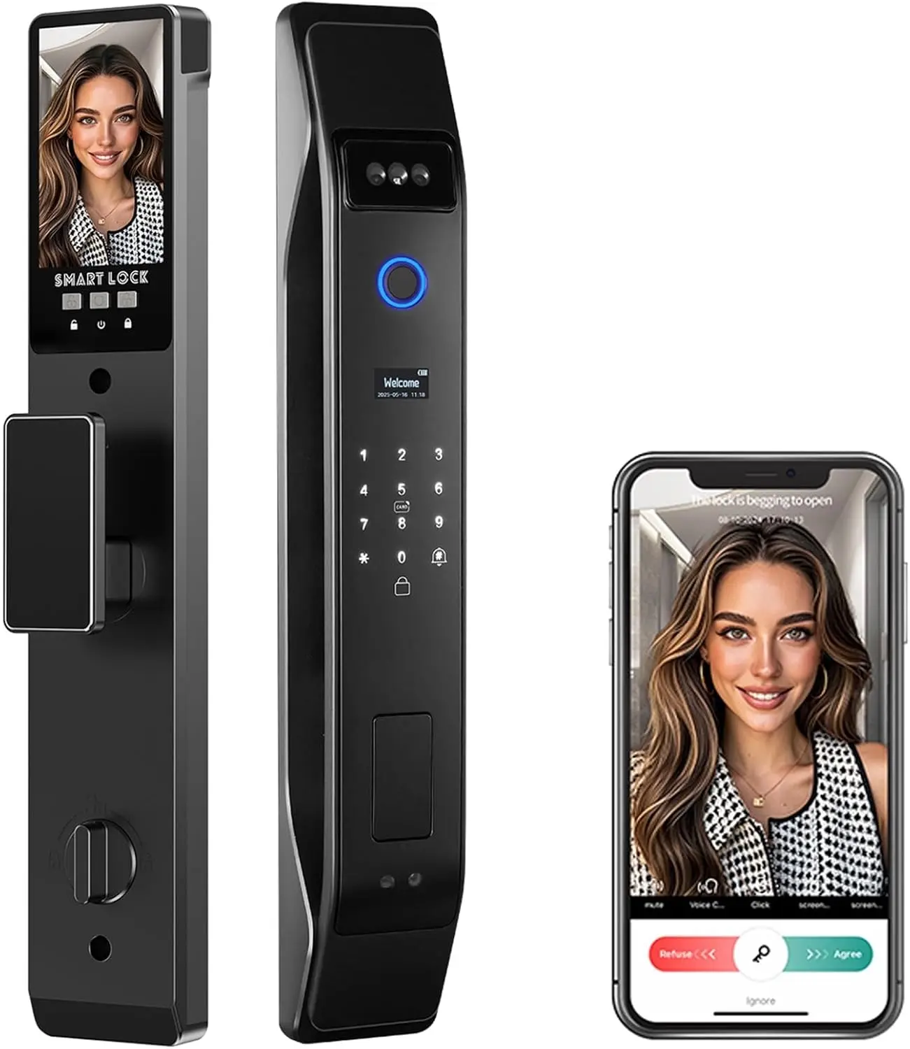 3D Face Recognition Smart Door Lock with Video Intercom, Tuya App Remote Access, Biometric Fingerprint & Palm Print Unlock, Heavy Duty Aluminum Mortise Lock for Home & Office (Black)