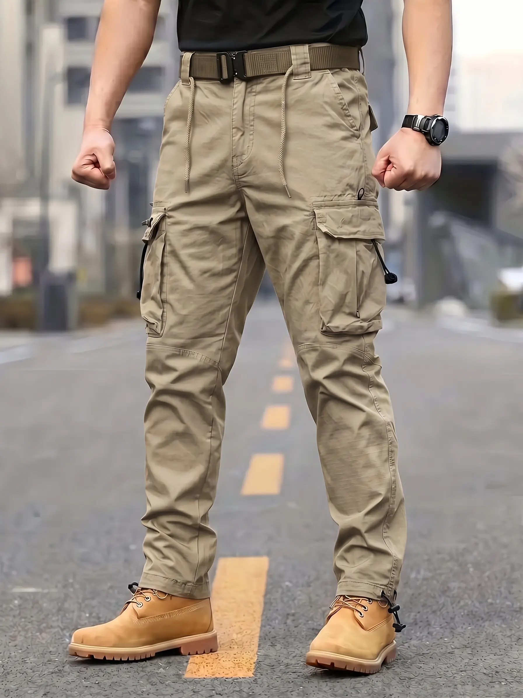 Men's American Functional Style Pure Cotton Cargo Pants - Straight-Cut, Slimming Fit, Adjustable Drawstring Cuffs, Pocketed, Plain, Casual Menswear Clothes for Commuting, Pocket, Mid Waist, Belt, All Seasons, Trouser, Fashion