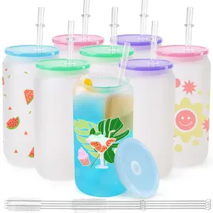 Joyclub 8 Pack Frosted Sublimation Glass Cups Blanks 16 OZ Borosilicate Can Glass Tumblers with Acrylic Lids for Beer, Juice, Soda, Iced Coffee