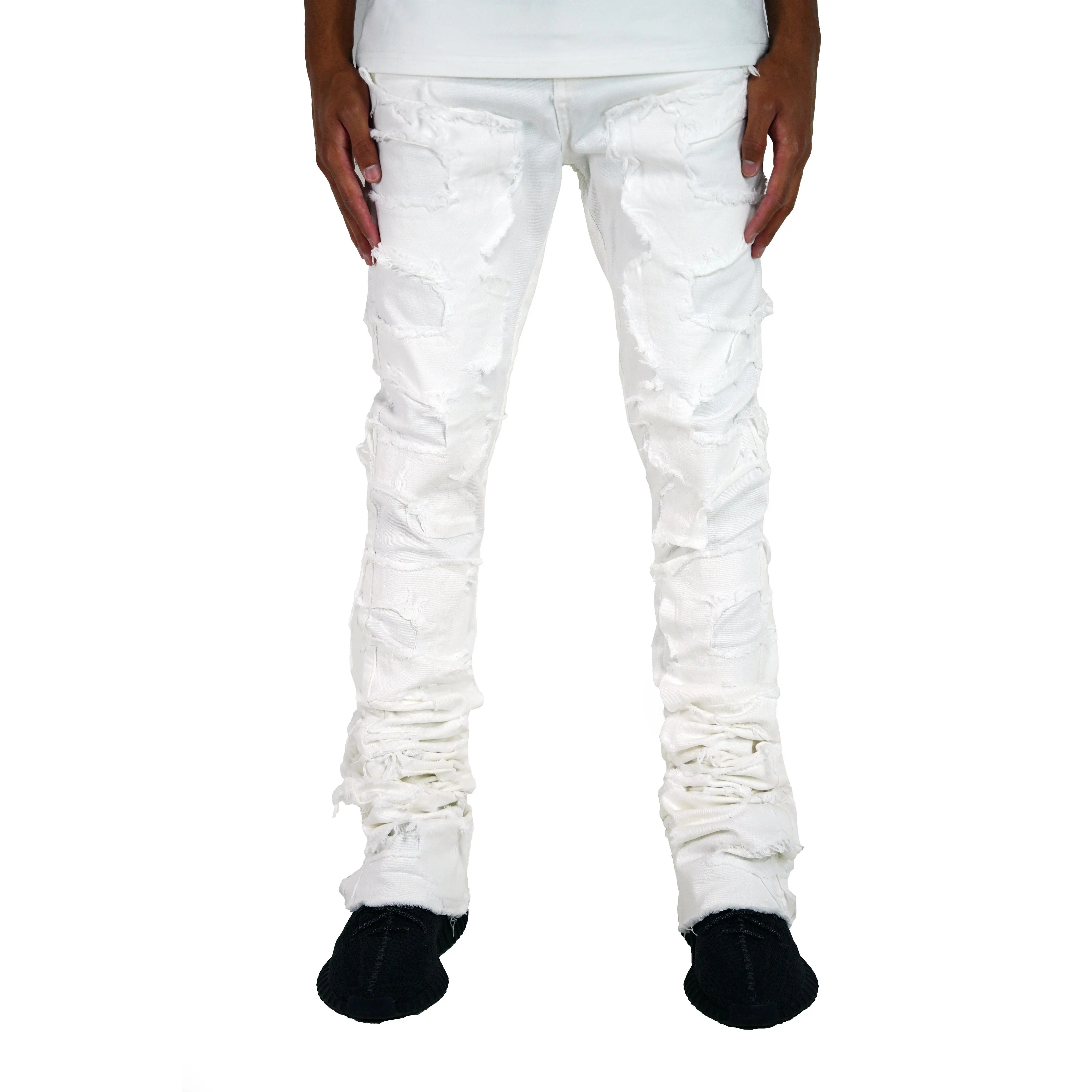 Focus Jeans Men's Cloud White Super Stacked Tapered Denim Pants - Cotton-Spandex Blend Menswear Clothes with Pocket, Distressed Look, Casual, Stacked Cuffs, Ripped