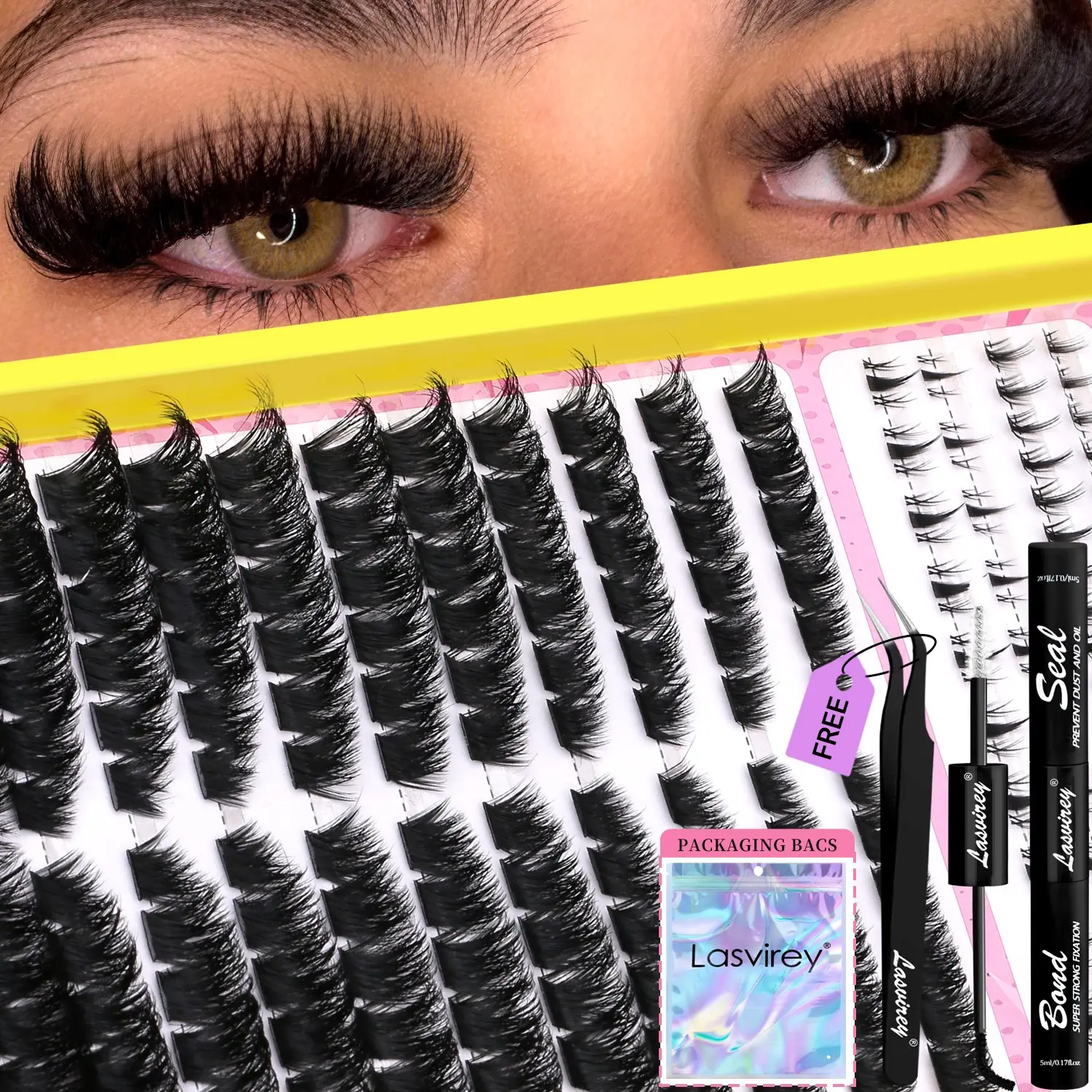 LASVIREY 16 Rows Doll Eye Lash Clusters Natural Cross Cluster Lashes Thin Spiky Lashes 5D Mix Length Individual Lashes Puffy Airy Cosmetic False Lashes With Bond And Seal And Lash Applicator Tool,Complete Eyelashes Kit,DIY Lash Set Eyelash Extensions