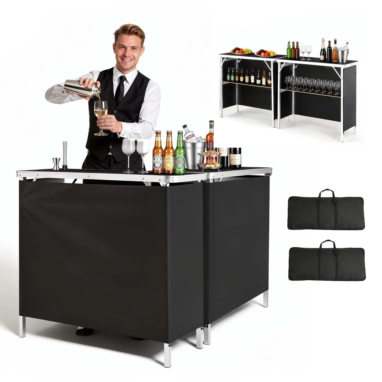 【SummerFinds】VEVOR Folding Portable Bar Table, 2 pcs, 38.6 x 15.2 x 34.3 in, with Carry Bag, Storage Shelf, Detachable Skirt, Quick and Easy Setup, Foldable Mobile Bartending Station for Events, Party, Tradeshow