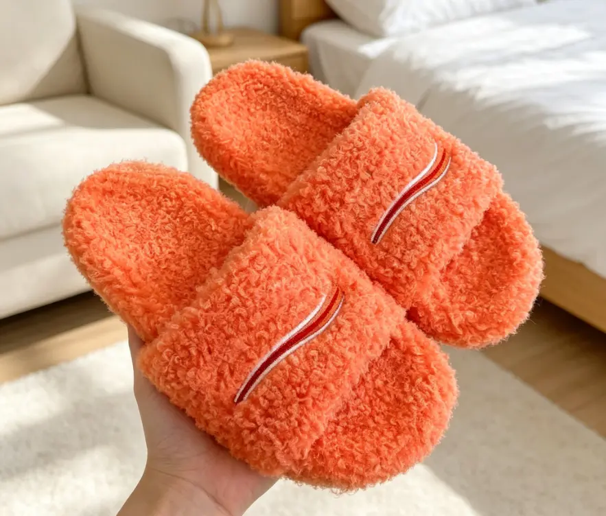 Unisex Stylish Open-Toe Slippers, Soft Plush Material, Embroidered Design, Size 36-45, Couple-Suitable Men's Home Slippers, Slipper