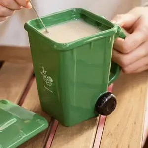 Creative Trash Can Shaped Coffee Cup, Ceramic Drinking Mug with Lid and Spoon, Perfect for Home Office Use, Great Gift Idea