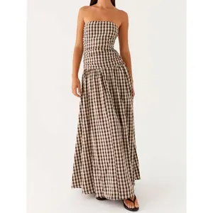 Women Tube Long Dress Ruched Boat Neck Backless Sleeveless Strapless Flowy Dresses Dress set Combined With Jacket Soft And Light Cardigan, set Can Be Separated, Youthful And Feminine Summer Clothes