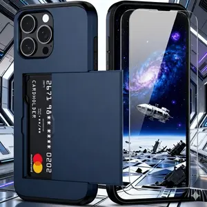 3PCS (1 Phone Case + 2 Tempered Glass Screen Protectors) Universal Shockproof Protective Iphone Slide Card Holder Case Accessories: Works with Iphone 17/16/15/14/13/12 Series (Including Pro/Pro Max/Plus Models) And Iphone 11