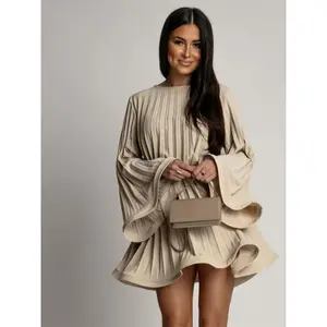 Women'S Elegant Lace Short Dress with Puffed Sleeve & Chest Wrinkle Accent - Loose H-Line Silhouette, Structured Collar, Short Skirt, Solid Black - Fall/Winter Party Wedding Semi-Formal Attire, No Padding, Breathable & Comfortable Casual to