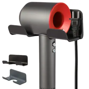 Two universal hair dryer holders, hair dryer holder with cord storage, wall-mounted hair dryer holder, bathroom hair styling tool storage rack, suitable for Dyson hair dryers, sturdy and easy to install - black + gray