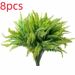8 Bundles Ferns Artificial Plant, Outdoor Fake Boston Fern Bushes, UV Resistant Plastic Faux Fern, Greenery Stems Leaves for Home Decor