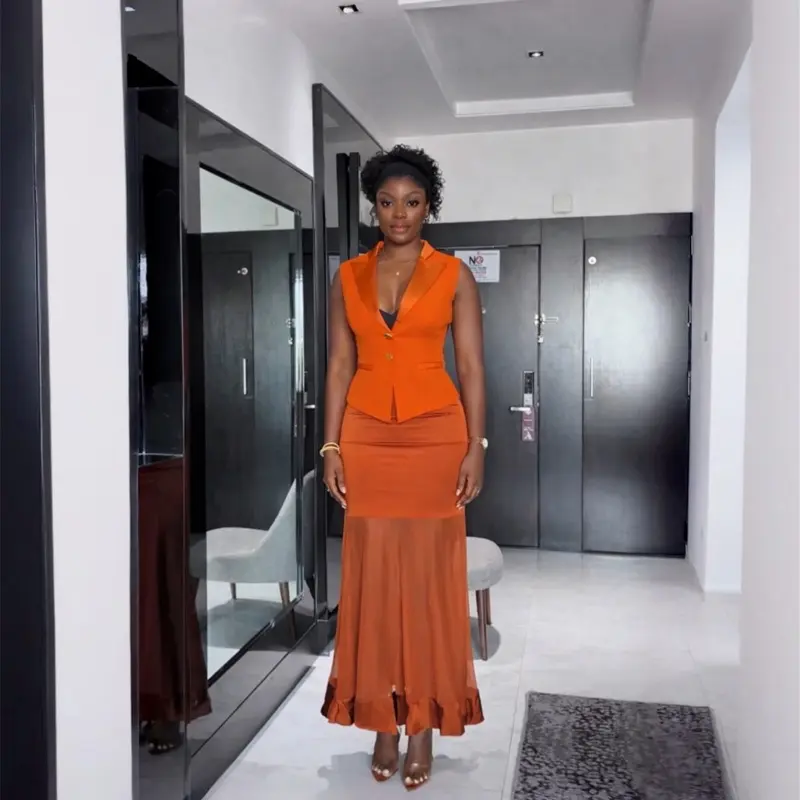 Women's 2-Piece Soft Chic Sheer Set - Sleeveless Peplum V-Neck Deep V Date Night Top, Fitted Mermaid Skirt, Pumpkin Burnt Orange Formal Outfit with Comfortable Elegant Fabric
