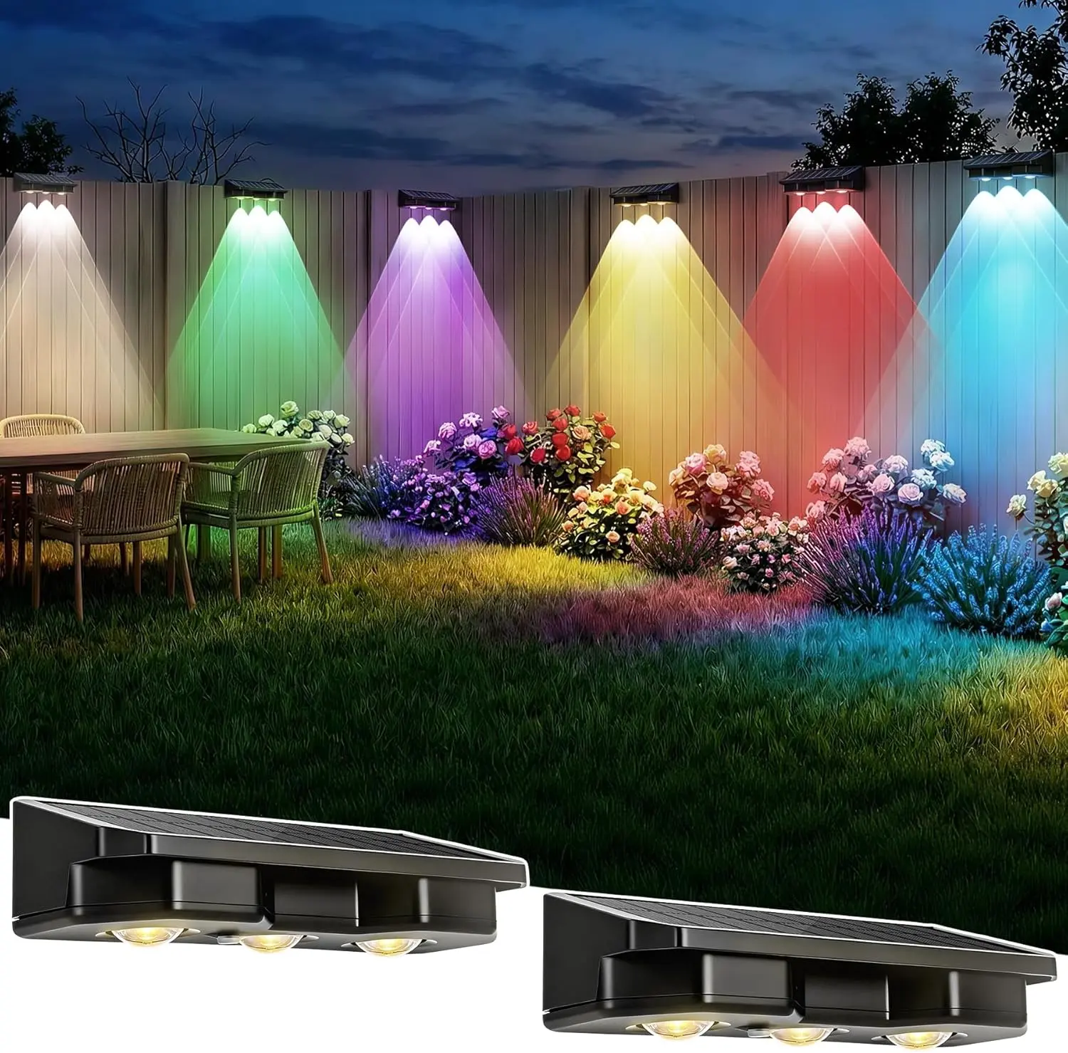 Nupostai Bright LED Solar Lights Outdoor Waterproof 8 Fixed Colors & RGB Color Changing & Warm White,3-Heads Concave Lens,Aesthetic Solar fence & Wall Lights, IP65 Decorative Lamp for Step Backyard Deck Patio Railing Pool Porch Garden Pathway summergarden