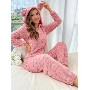 Women's Plush Onesie Pajamas Set, Long Sleeve Hooded Jumpsuit with Ears Design, Autumn Winter Warm Sleepwear for Ladies