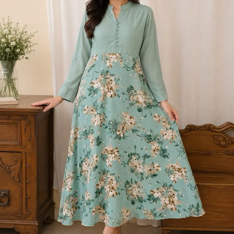 Women's Sage Green Modern Floral Empire Waist Long Sleeve Full-Length Maxi Dress - Essential Pull-On Piece, Elastic Back Waistband, Snug Fit, Modest Style, Cooler Evening Wear, Standard Sizes