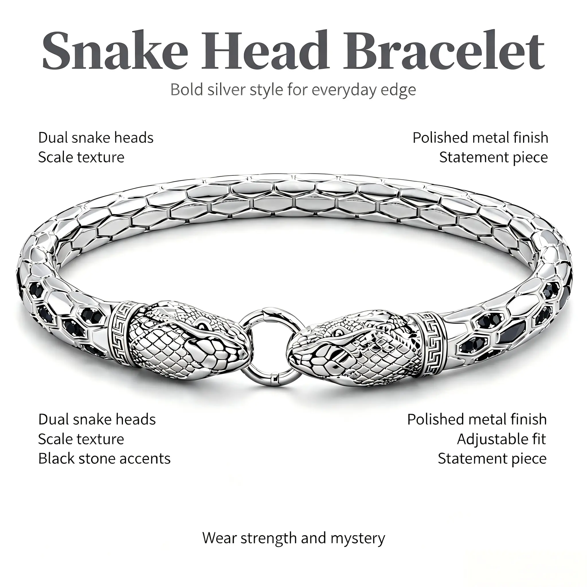 Men's Gothic Biker Bracelet with Honeycomb Scales & Dual Snake Heads, Silver-Plated Copper with Black Cubic Zirconia, Silver Cubic Zirconia Bracelets & Bangles