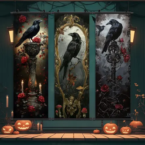 Halloween Crow Pattern Wall Hanging Banner, 3 Counts/set Creative Spooky Horror Poster, Wall Art Decor for Home Living Room Bedroom