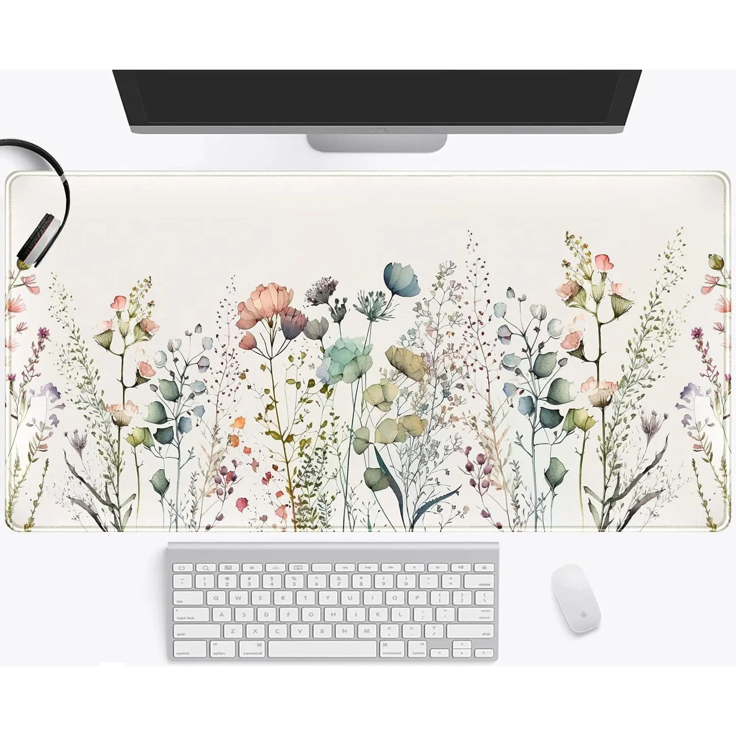 Floral Desk Mat Beige Boho Desk Pad, Large Extend Mouse Pad XXL, Cute Minimalist Flowers Keyboard Mat, Esthetics Desktop Mat Laptop Wireless Mouse Mat for Desk, Gift for Women 24"x14"