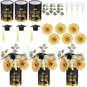 LemonRoad 57Pcs Class of 2026 Graduation Table Flower Centerpiece Includes Gold Foil Congrats Grad Vase with Artificial Flower Mini Graduation Cap for Grad Party Decorations Prom Decor(Black, Gold)