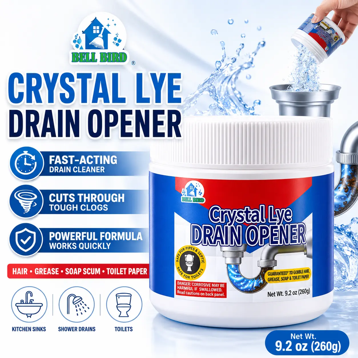 Crystal Lye Drain Opener,Powerful Pipe Dredging，Lye Sodium Hydroxide,Unclogs Bathroom and Kitchen Sinks,Drains,Shower Pipes，