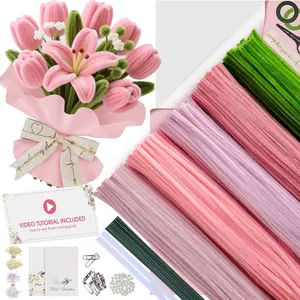 500 Pcs Pipe Cleaners Craft Kit for Flower Making, DIY Bouquet Set with 8mm Chenille Stems, Step-by-Step Tutorial, Floral Wire, Ribbon & Tools for Handmade Gifts and Decor, Pink