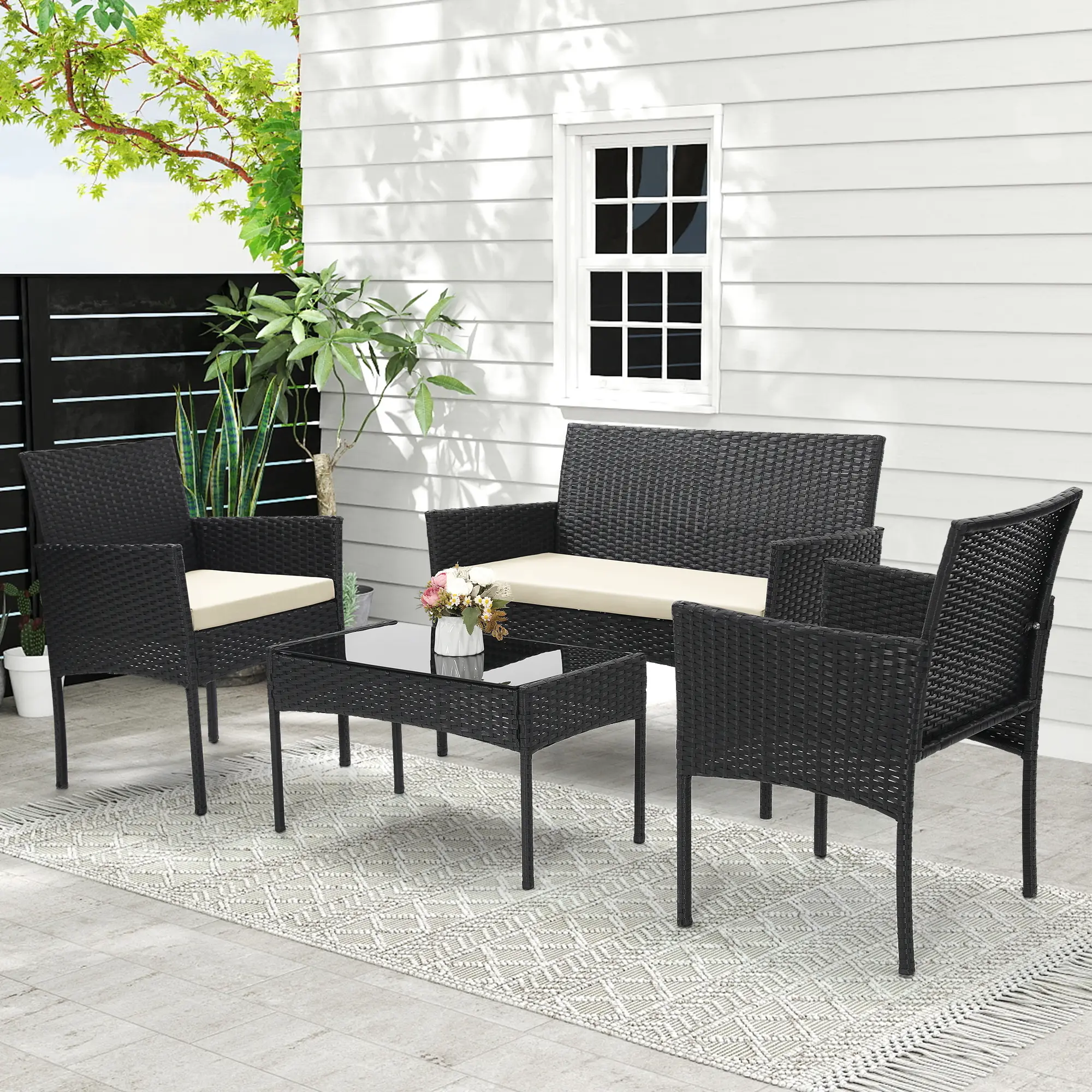 4 Piece Patio Wicker Furniture Set, OutdoorRattan Conversation Set with Tempered GlassTop Table, 2 Chairs, and Loveseat, Ideal forPorch and Balcony, Clearance Deal tiktokshopspringglowup homeessentials