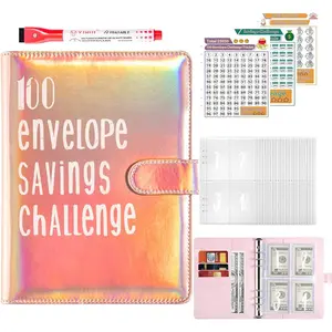 100 Envelopes Saving Challenge Binder, Budget with Cash Envelopes and Saving Tracker, Cash Stuffing Binder from 30 Days to 52 Weeks, to $500,$5,050 and $10,000 (Rose Gold)
