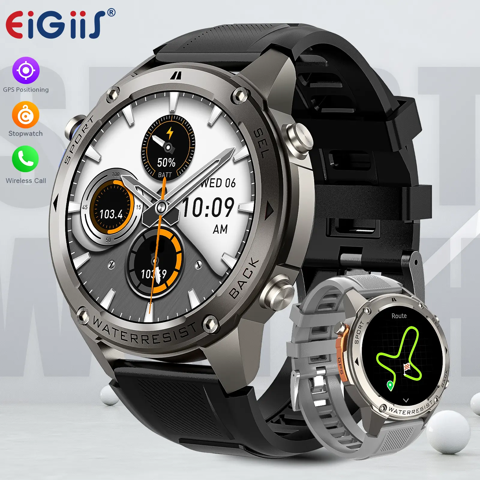 EIGIIS Rugged Smart Watch with GPS & Compass for Men, 5ATM Waterproof Tactical Outdoor Sport Watch (Answer/Make Call), Long Battery Life Activity Tracker, 170+ Sports Modes Smartwatch Gift for Men Android iOS