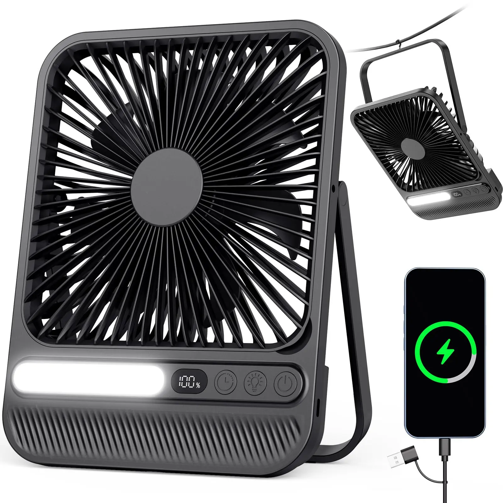 8000mAh Rechargeable Silent Portable All-in-one Desk Fan for Bedroom, Office and Camping,28H Long Lasting with LED,USB Fan,Quiet Fan