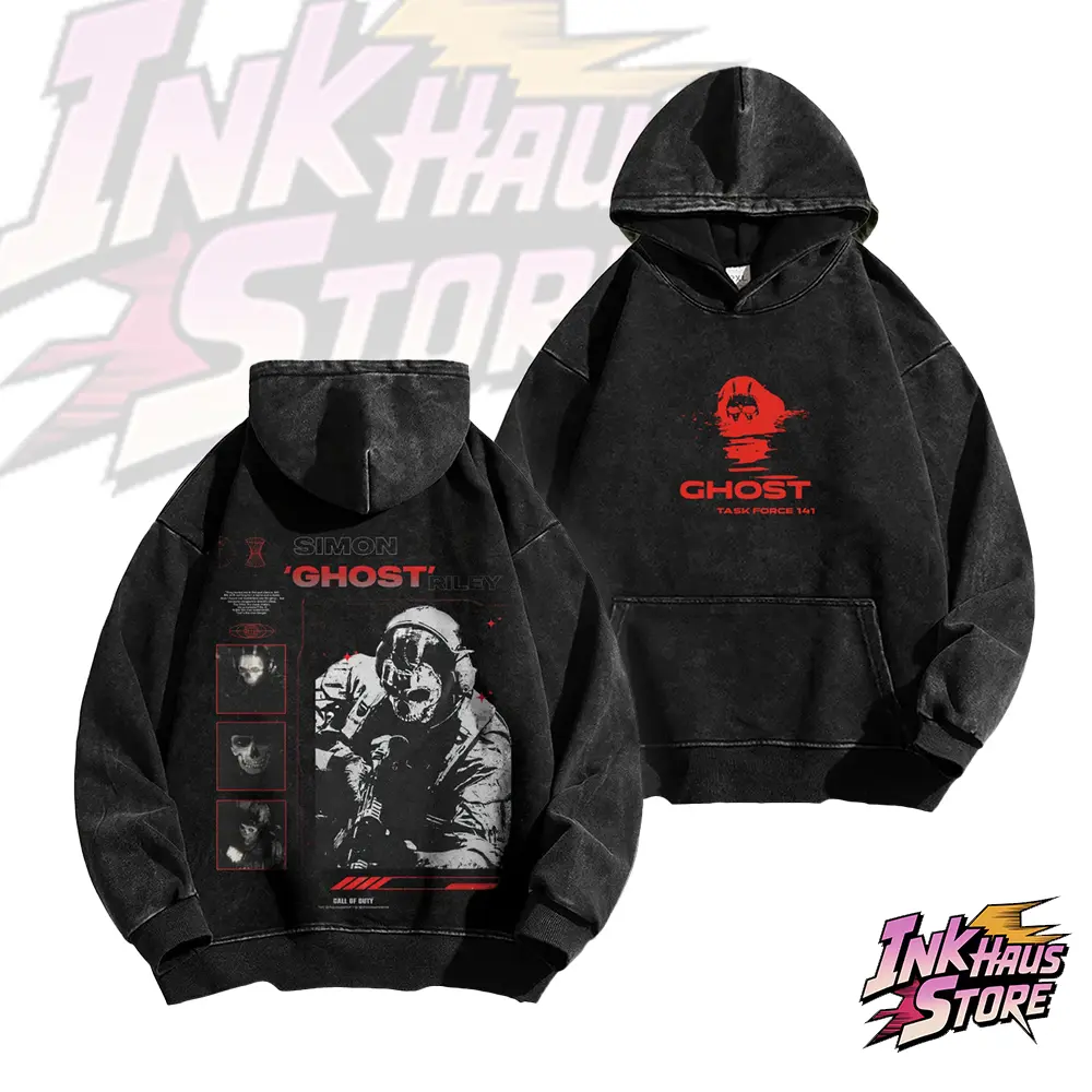GHOST acid wash hoodie, Simon "Ghost" Riley -Long Sleeve Unisex Vintage Fashion Retro Style COD,Gym fit Street wear  Pullover Cotton Fabric Alpha Male Sigma