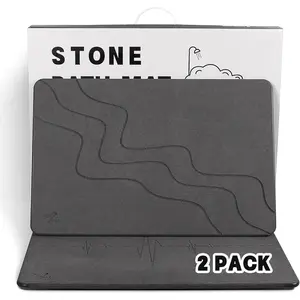 2 Pack Stone Bath Mat-Diatomaceous Earth Bath Mat Fast-Drying Stone Drying Mat Super Absorbent Diatomite Mats for Bathroom, Dish Drying, Bathtub (Grey Wave+Heart Rhythm)