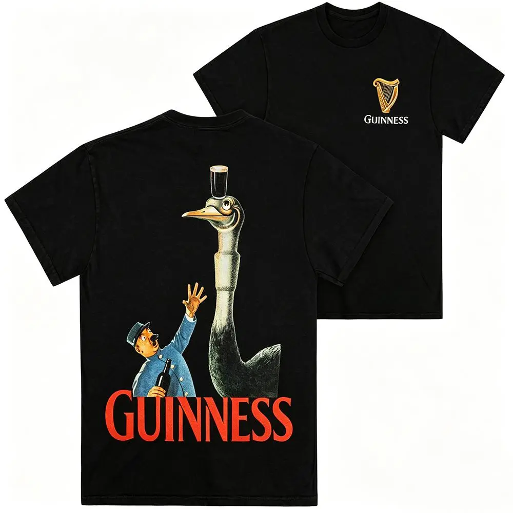 Women's Guinness Ostrich Vintage Gilroy Ad Graphic T-Shirt, Black Round Short-Sleeve Loose-Fitting Retro Beer Tee, Machine Washable, Dry Clean Option, Cold Wash, Non Stretch