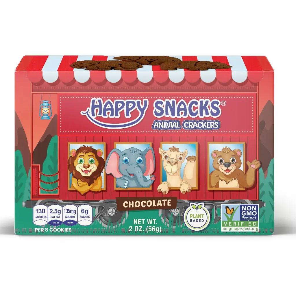 Happy Snacks Chocolate-Flavored Wheat Flour Base Animal Crackers - Case of 12, 2oz Box Packaging Boxes