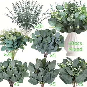 60 Pieces Artificial Flowers, Mixed Eucalyptus Leaves and Stems, Silver Color Eucalyptus Leaves, Wedding Vase Arrangements, Floral Decorations, Plants, Decorative Bouquet