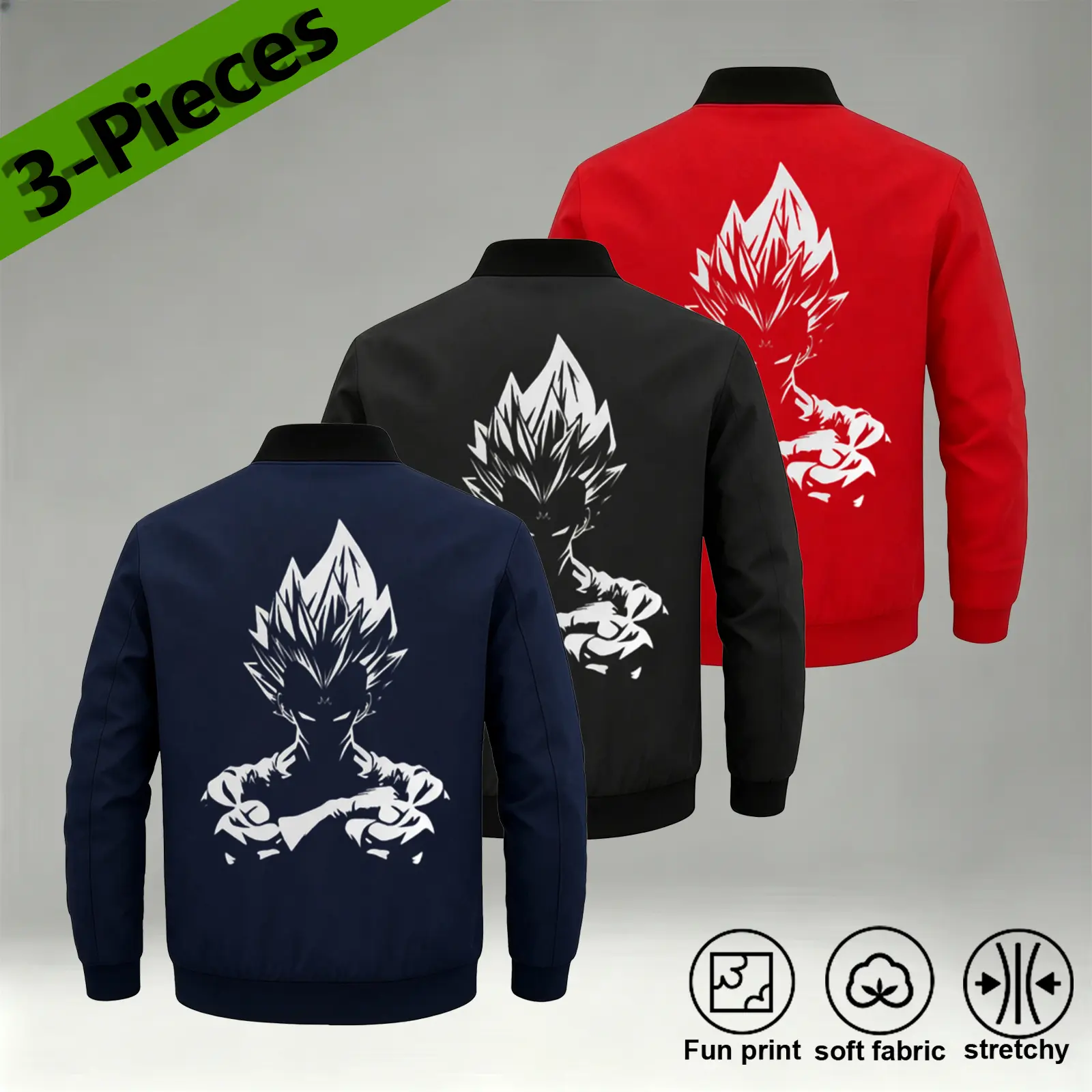 Men's 3 Pieces Fun Print Soft Fabric Stretchy Anime Character Design Bomber Jacket Set,dragon ball front back asymmetrical print baseball coat,majin mark chest logo anime zip up jacket,casual minimalist manga bomber jacket Casual Menswear Stylish Tops
