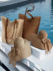 2pcs/1pc Travel Tote Bag and Straw Hat, Fashionable Straw Woven Beach Bag Set, Zipper Closure, Polyester Lining, Ideal for Beach, Shopping, Camping, Summer Bags