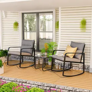 Gizoon 3 Piece Rocking Bistro Set Black Steel Patio Furniture Porch Chairs Conversation Set with Glass Coffee Table Back Cushion for Balcony Garden Deck Backyard