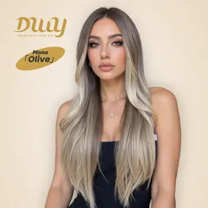 Olive -DWY Mono Lace Front Free Part Long Straight  Brown with Highlights Glueless Synthetic Wig for Women 28 Inches