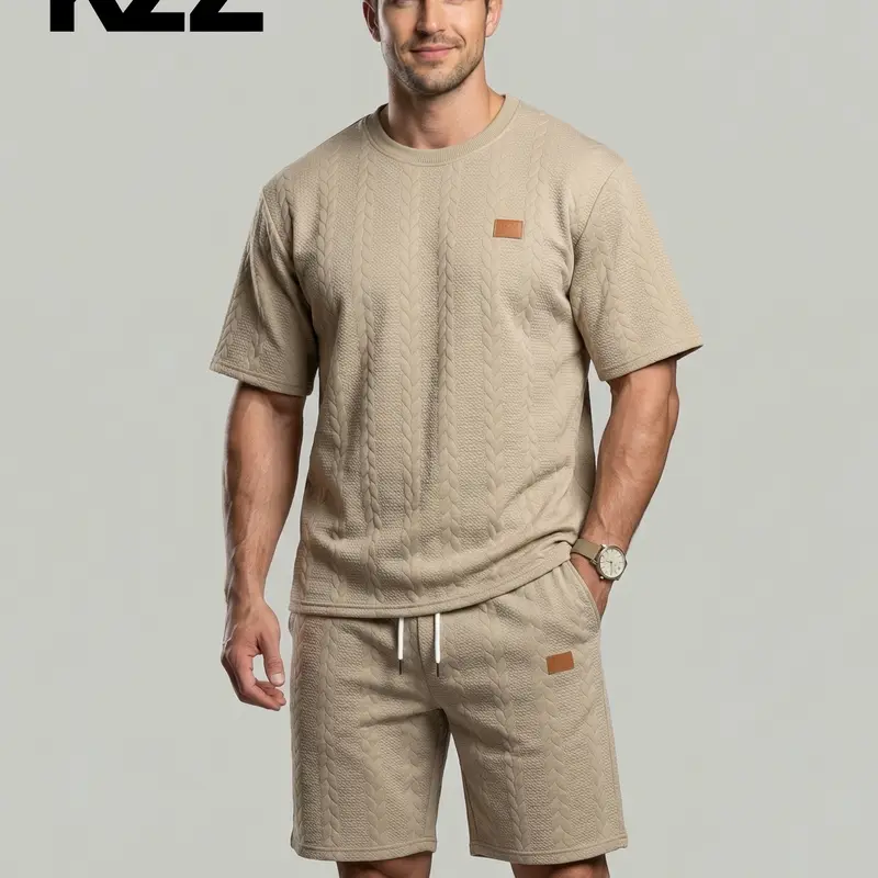 KZZ Menswear Men's 2 Piece Sets - Shortleeve Crew Neck Plain Textured Patched Tee, Drawstring Waist Pocket Above the Knee Shorts, Simple Regular-Fit Summer Casual Outfit