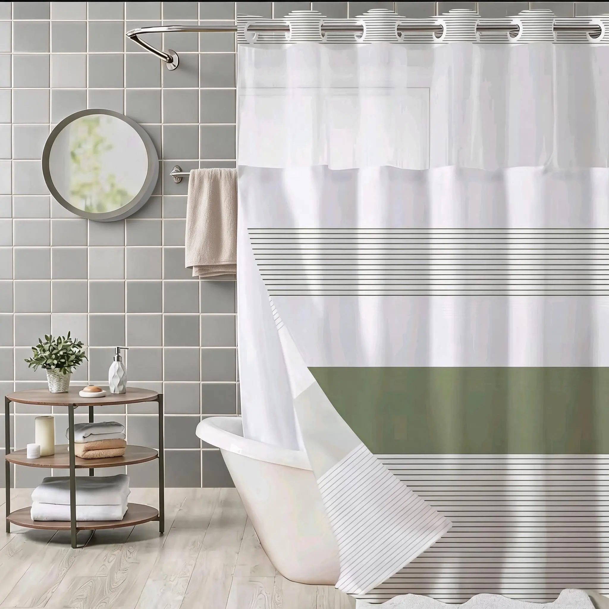 No Hook Sage Green Shower Curtain With Snap In Fabric Liner Set, Boho Striped Modern Double Layers Waterproof Fabric With See Through Top Window Open Grommet Bath Curtain Cotton Blend 72x75 Inch