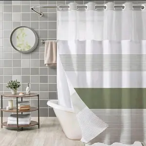No Hook Sage Green Shower Curtain With Snap In Fabric Liner Set, Boho Striped Modern Double Layers Waterproof Fabric With See Through Top Window Open Grommet Bath Curtain Cotton Blend 72x75 Inch