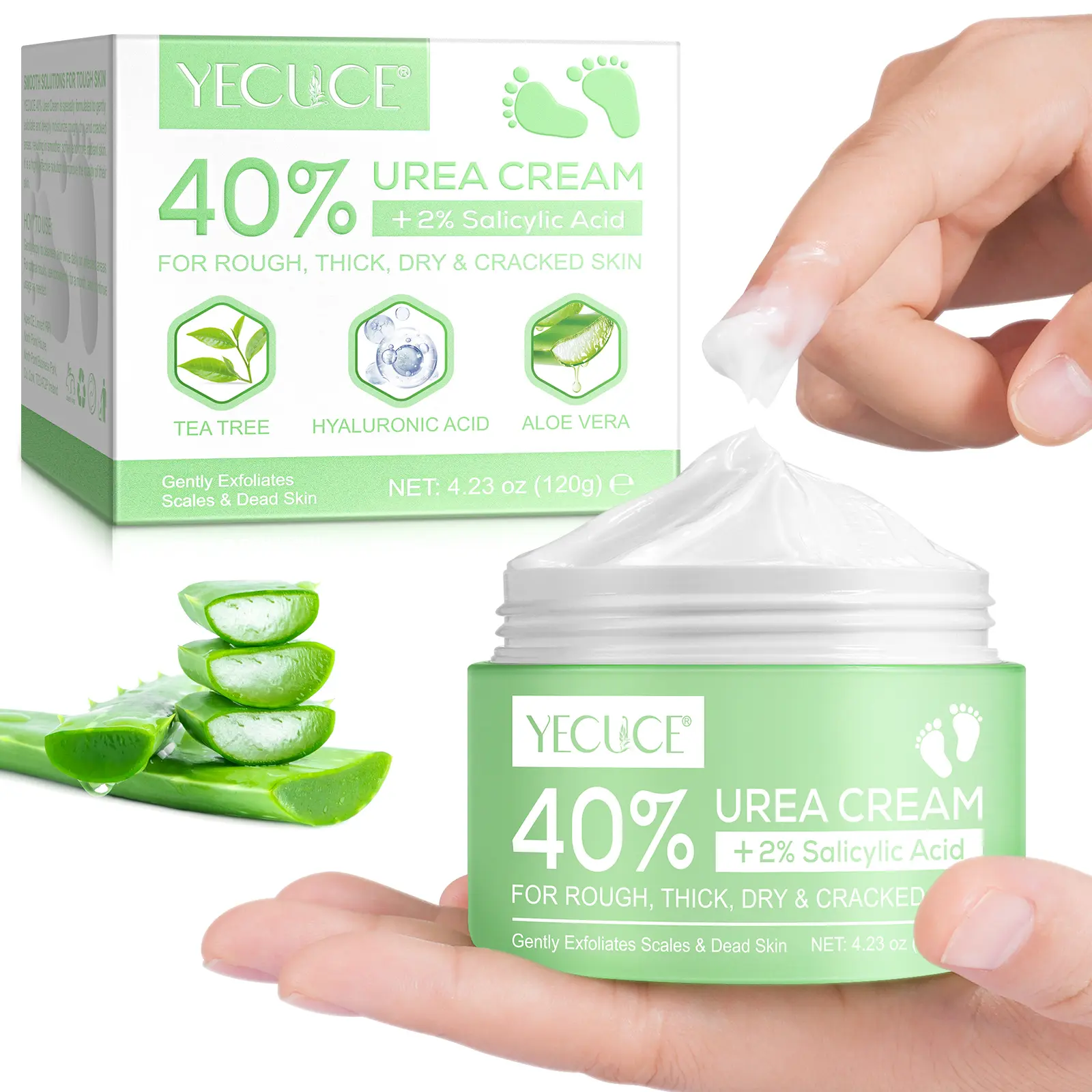 Yecuce 40% Urea 2% Salicylic Acid Aloe Vera Cream - Nourishing Moisturizer, Exfoliant, Dead Skin Callus Remover for Dry Cracked Heels, Keratolytic Barrier Repairer (Single Item, All Skin Types), Nourish, Repairing, Hydrate, Moisture campingessentials, Tea
