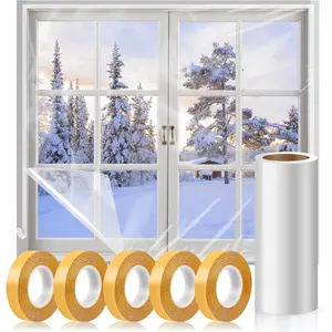 Thicken Waterproof Window Insulation Kit, 63 × 394 Inch Plastic Winter Window Coverings, Shrink Film Insulator with 5 Double-Sided Tape for 10 Pcs 3 x 5 Ft Windows