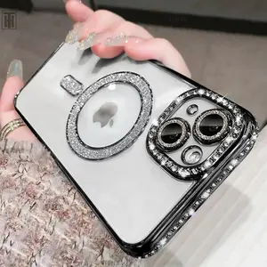 For iPhone 14 15 Pro Max Luxury Bling Crystal Lens Film Phone Case For iPhone 15 11 12 13 14 Pro Max Plus Magsafe Magnetic Wireless Charging Clear Cover