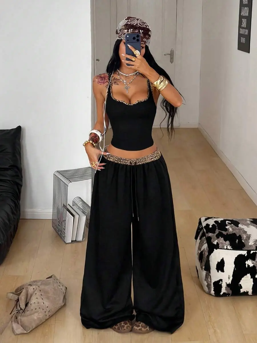 Women's Black Corset Vest & Baggy Low Rise Pants 2 Piece Set Y2K Streetwear Concert Night Out Outfit