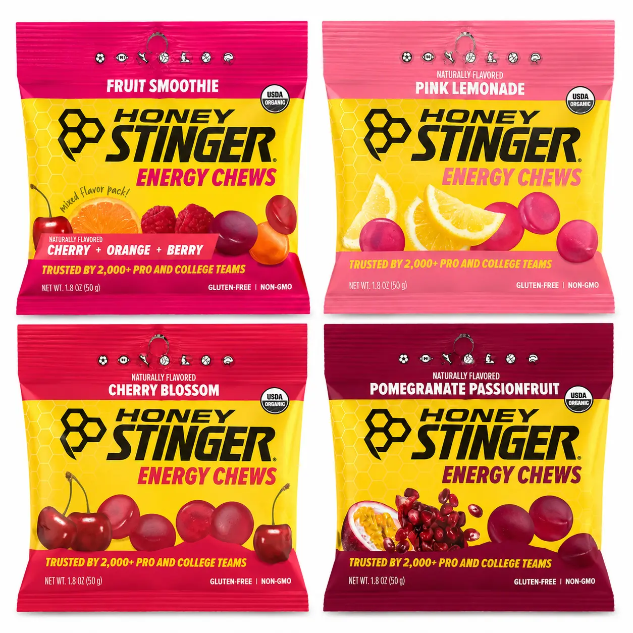 Honey Stinger Organic Natural Honey Energy Chews, 1.8oz Variety Pack (Pack of 4) - Cherry Blossom, Pink Lemonade, Fruit Smoothie, Pomegranate Passionfruit, Organic Honey