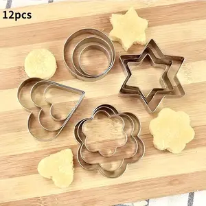 Set of 12 Stainless Steel Cookie Cutters, Various Shapes Including Flowers, Circles, Hearts, Stars, Perfect for Cakes, Sandwiches, Fruits, Baking Tools, Baking Supplies